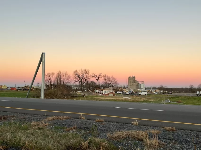 Damage to buildings near Mayfield, Kentucky. Credits: Timothy “Seph” Allen, NASA Disasters