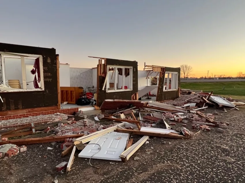 Damage to a local church building on the outskirts of Mayfield, Kentucky, Dec. 13, 2021. Credits: Timothy “Seph” Allen, NASA Disasters