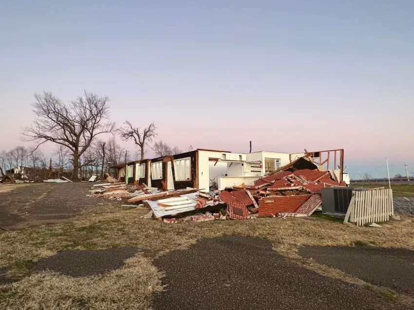 Damage to a local church building near Mayfield, Kentucky, Dec. 13, 2021. Credits: Timothy “Seph” Allen, NASA Disasters