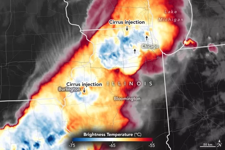 Cloud temperature data from the Advanced Baseline Imager (ABI) on the GOES-R satellite, observed on June 20, 2021. Credits: NASA Earth Observatory