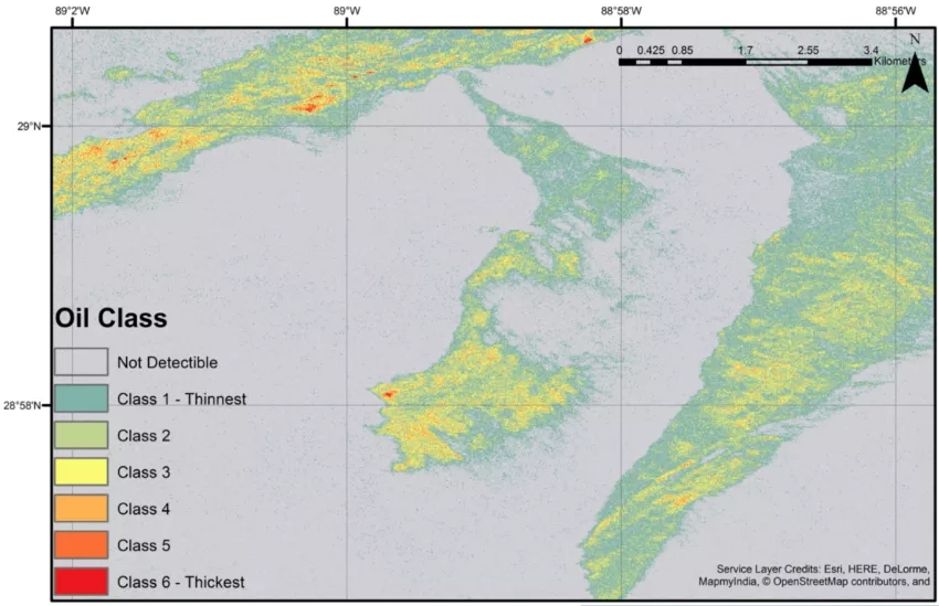 Oil classification using the contrast ratio algorithm. This oil slick was acquired by NASA’s UAVSAR on Nov. 16, 2016, flying over the Mississippi Canyon Block 20 area of the Gulf of Mexico, about 10 miles offshore to the mouth of the Mississippi River. Credits: NASA/JPL/Cathleen Jones