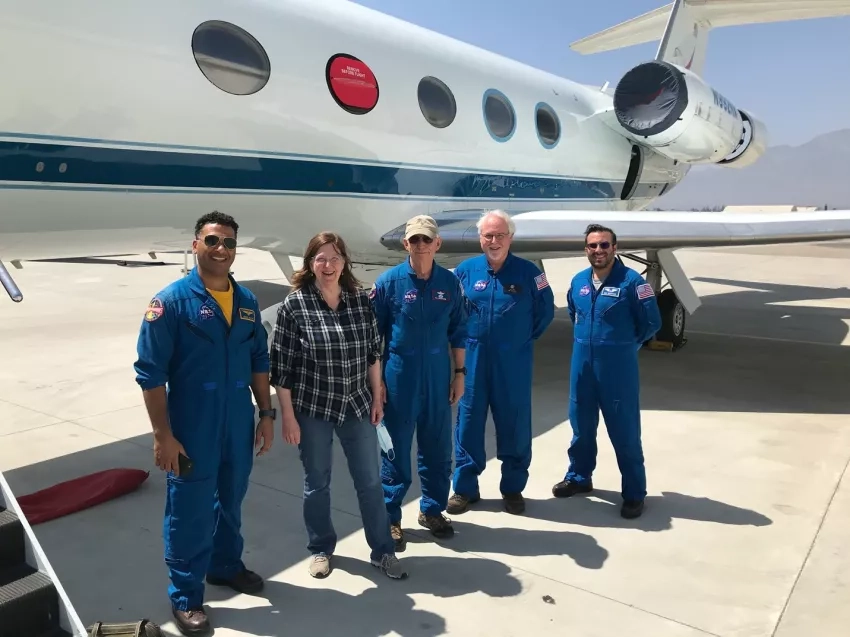 MOST field test member standing with the NASA JPL UAVSAR used during the field campaign near Santa Barbara, California, May 12, 2021. From left to right are NASA Johnson Space Center's Jeremy Newton, NASA JPL's Cathleen Jones, NASA Johnson's William Ehrenstrom, NASA JPL's Tim Miller and NASA Johnson's Nick Mustachio Credits: NASA/Cathleen Jones