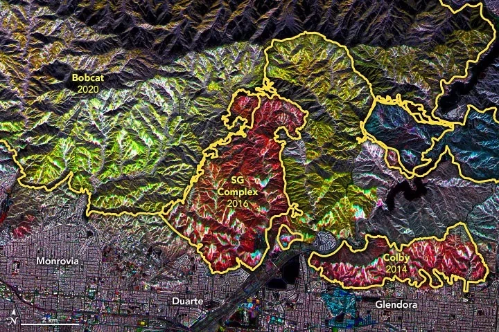 A mosaic of SAR data showing forest fire damage and regrowth over time from various major fire complexes in California. Credits: NASA Earth Observatory 