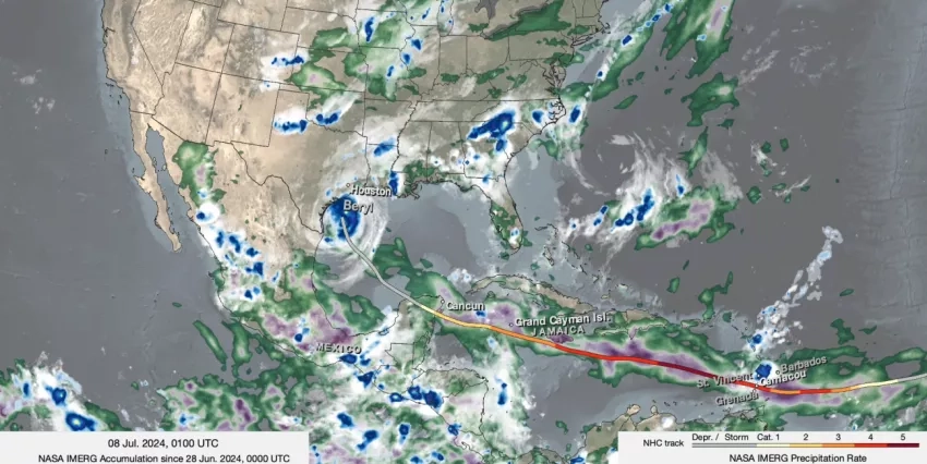 Map of satellite data showing precipitation totals from Hurricane Baryl as it moved across the Caribbean and impacted the Southern U.S.