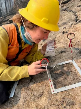 photo of woman in hard hat taking a sample of ash