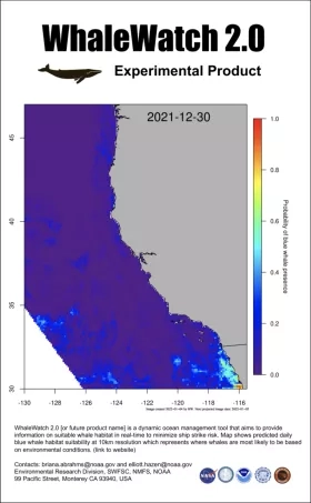 map of California coast showing likeliness of whale presence