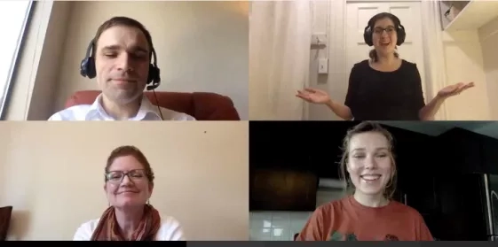 Screenshot of the Story Slam event showing four people on camera telling and reacting to stories