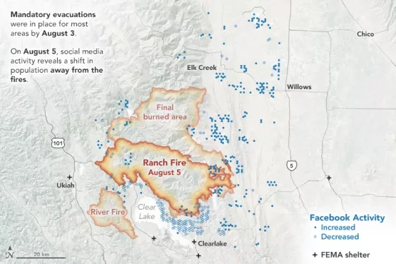 Map using blue dots to indicate facebook activity in different spots with an orange overlay showing the reach of a nearby fire