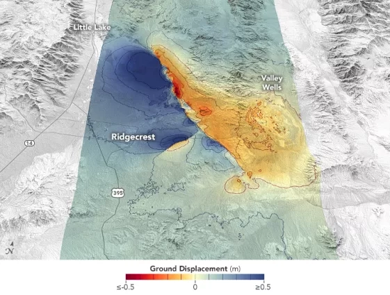 map showing area around Ridgecrest, California with shades of blues, greens, oranges, and reds representing amount of ground displacement