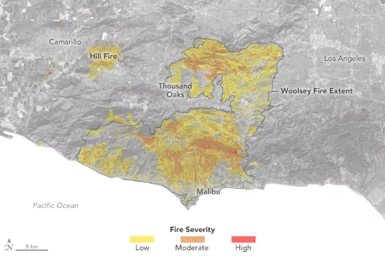 map of southern California with shades of yellow, orange, and red indicating severity of burn