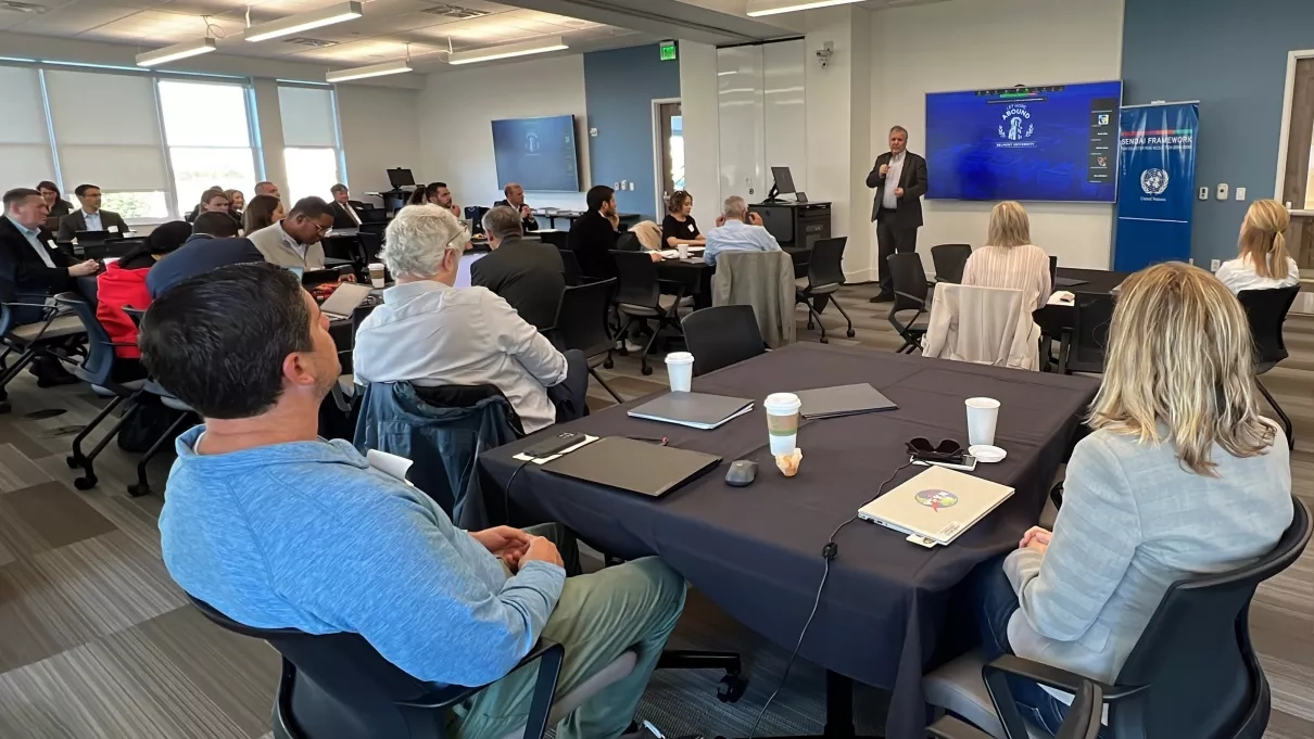 L. Gregory Jones, Belmont University’s president, addresses the audience in the UNDRR’s Tech4DRR workshop on Oct. 10, 2023.