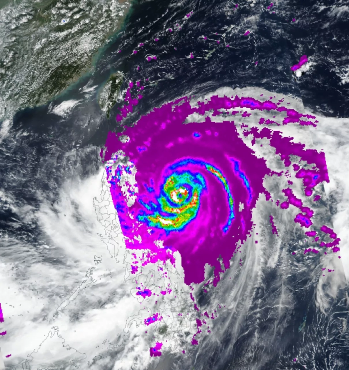 Imagery of NASA LANCE Near Real-Time AMSR2  of Typhoon Mangkhut as it approached Philippines, September 2018.