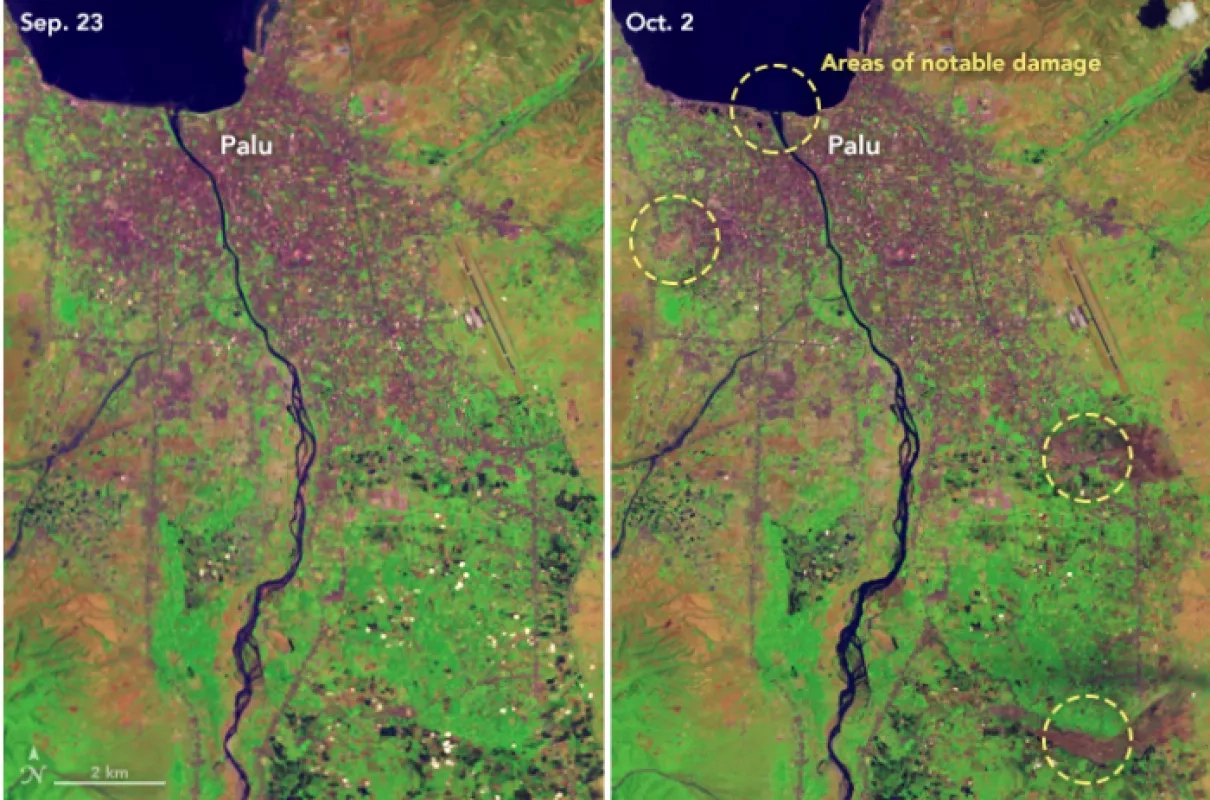 USGS Landsat 8 image of earthquake and tsunami mass destruction in Indonesia.