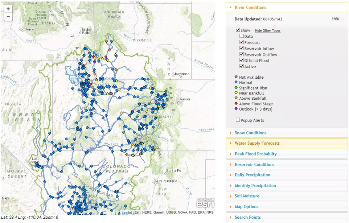 Screenshot of the Colorado Basin River Forecast Center website, showing the June 5th, 2014 river conditions in the Colorado Basin