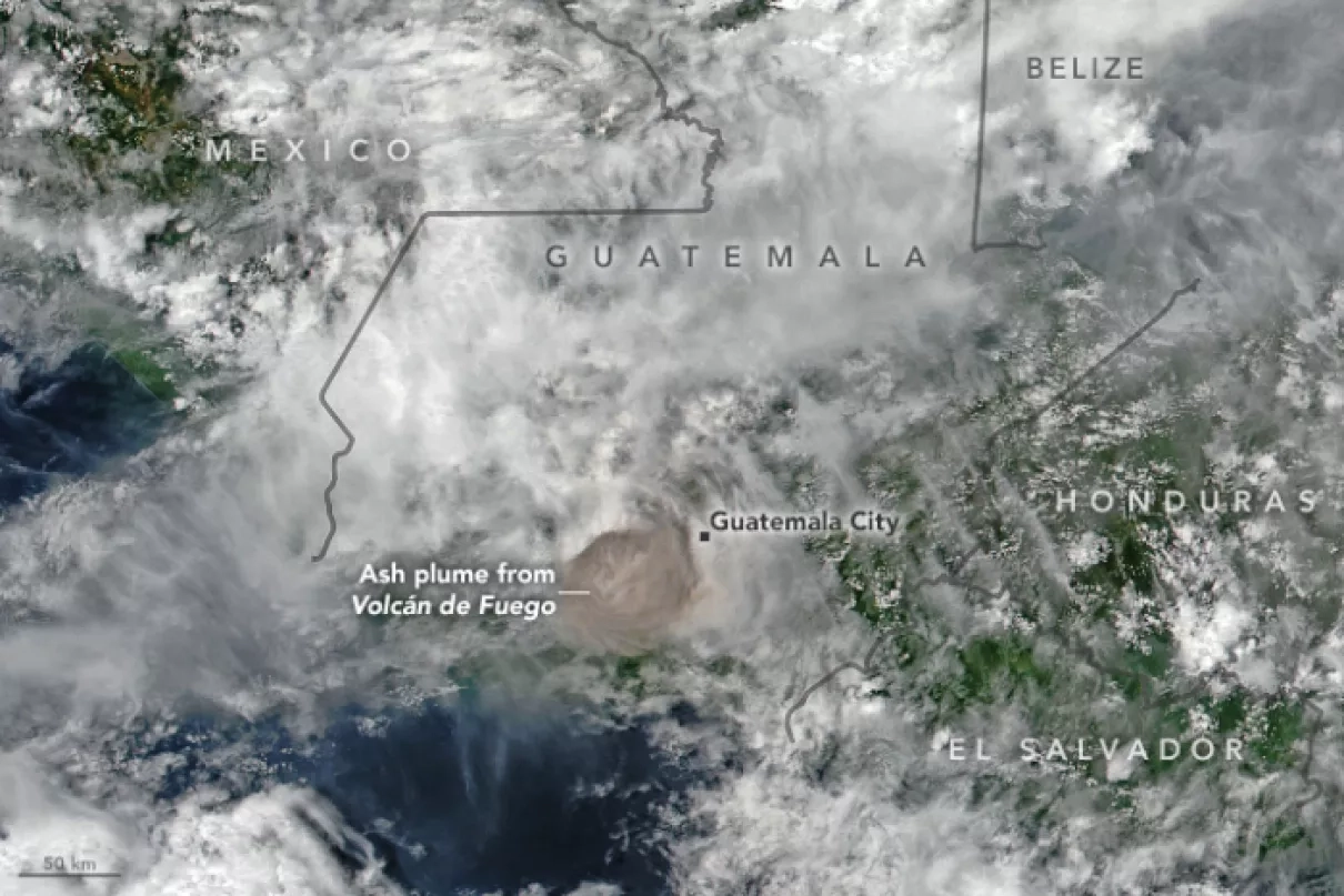 VIIRS image of post-volcanic eruption plumes spreading over Guatemala, Honduras, and El Salvador.