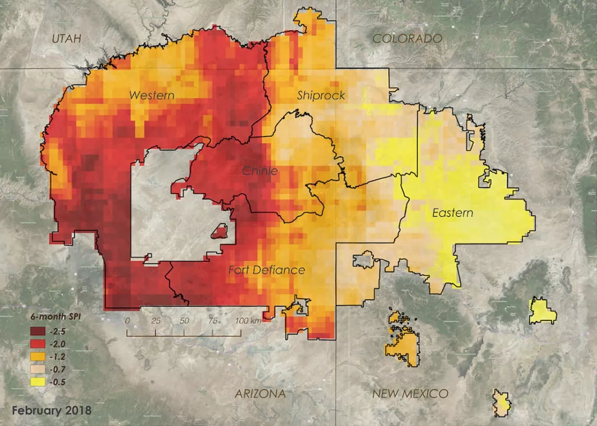 The 6-month SPI for the Navajo Nation from February 2018.