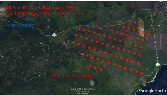 Image of VIIRS Day/Night Band and Thermal Anomalies from the Kilaeua Eruption