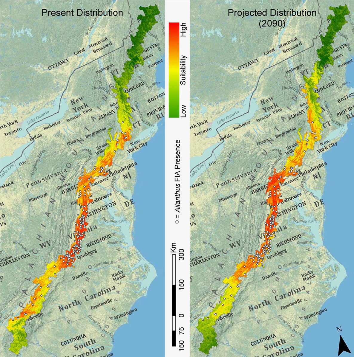 A prototype habitat suitability model for the invasive species Tree-of-Heaven, with current and projected 2090 distribution of suitable habitats.