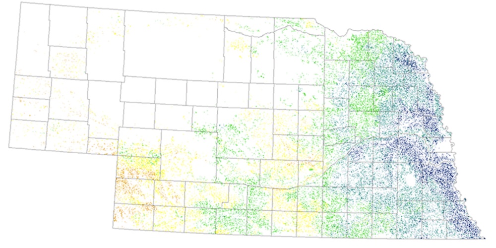 map of Nebraska showing non-irrigated corn yield in 2015