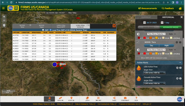 Screenshot of a fire detection website that uses satellite data