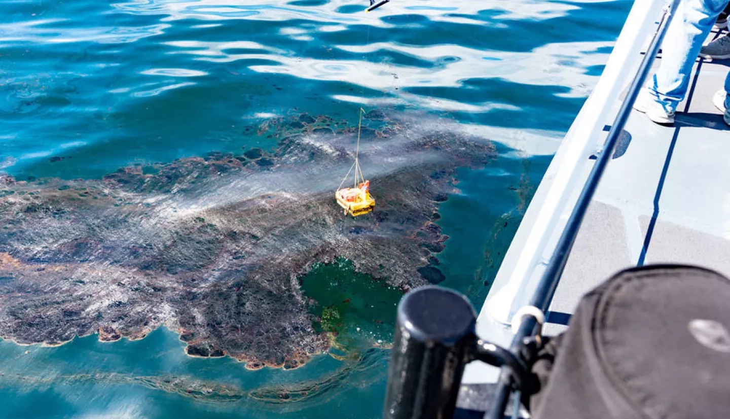 The Marine Oil Spill Thickness (MOST) project collects measurements of oil thickness in a naturally occurring oil seep off the coast of Santa Barbara, California. The measurements will be used to validate remote sensing data measurements and eventually, in a system to aid in oil spill response. Credits: NOAA/Frank Monaldo