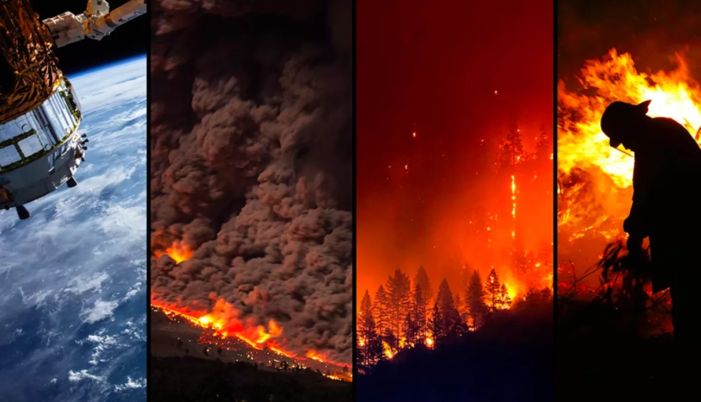 graphic showing Earth science satellite, smoke from fire and fire