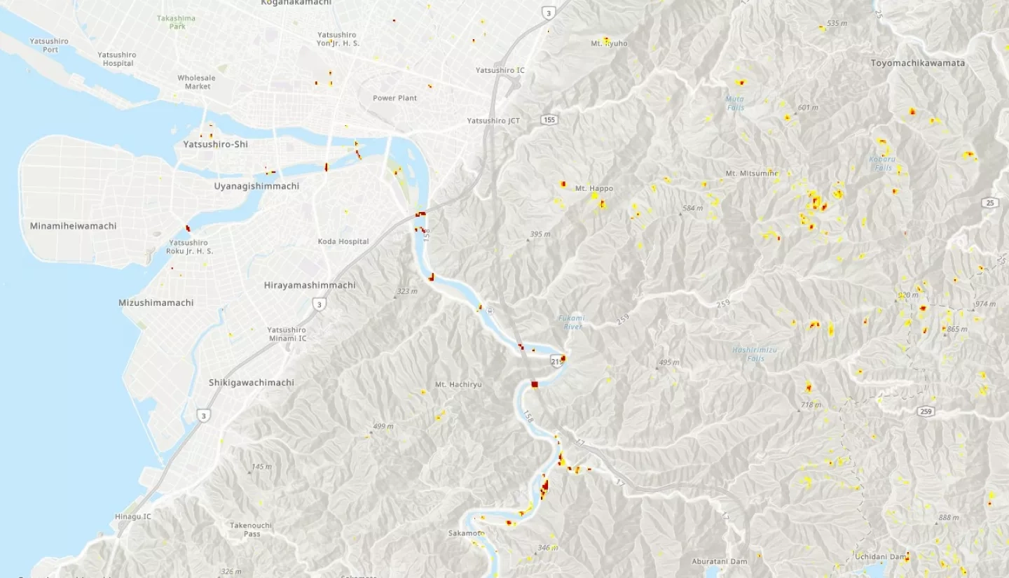 ARIA damage proxy map showing damage from July 2020 flooding in Japan