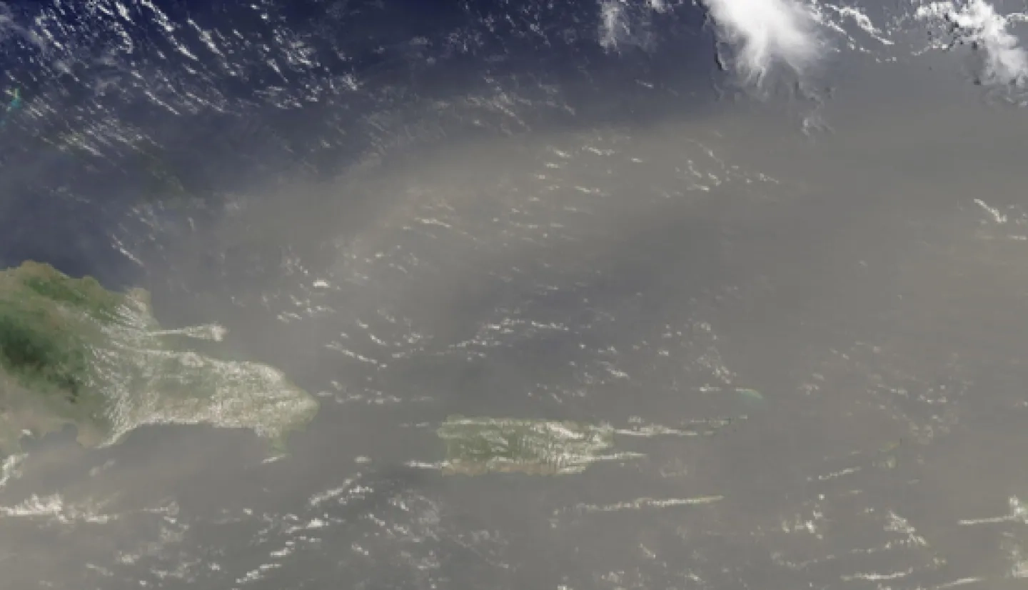 Satellite image of 2020 Saharan Dust storm over Puerto Rico