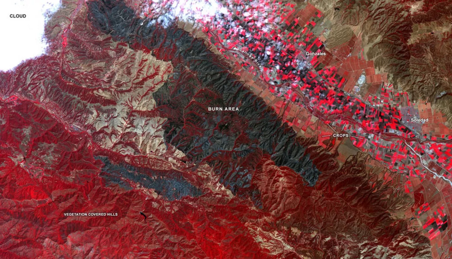 Captured by the ASTER instrument aboard NASA's Terra satellite, this false-color map shows the burn area of the River and Carmel fires in Monterey County, California. Vegetation (including crops) is shown in red; the burn area (dark blue/gray) is in the center of the image.