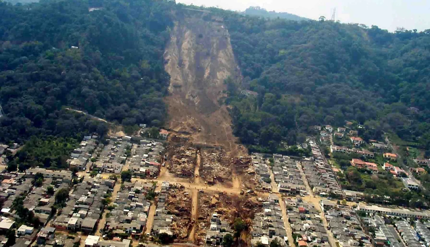 The January 2001 earthquake-induced slide that demolished much of the Las Colinas neighborhood of Santa Tecla, a suburb of San Salvador, the capital of El Salvador.