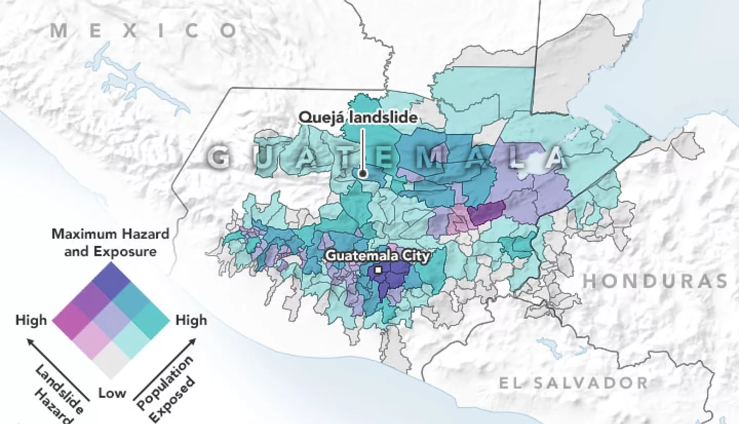 Image of a map showing areas of potential landslide hazards in Guatamala that is featured in the story in the AGU magazine, Eos.