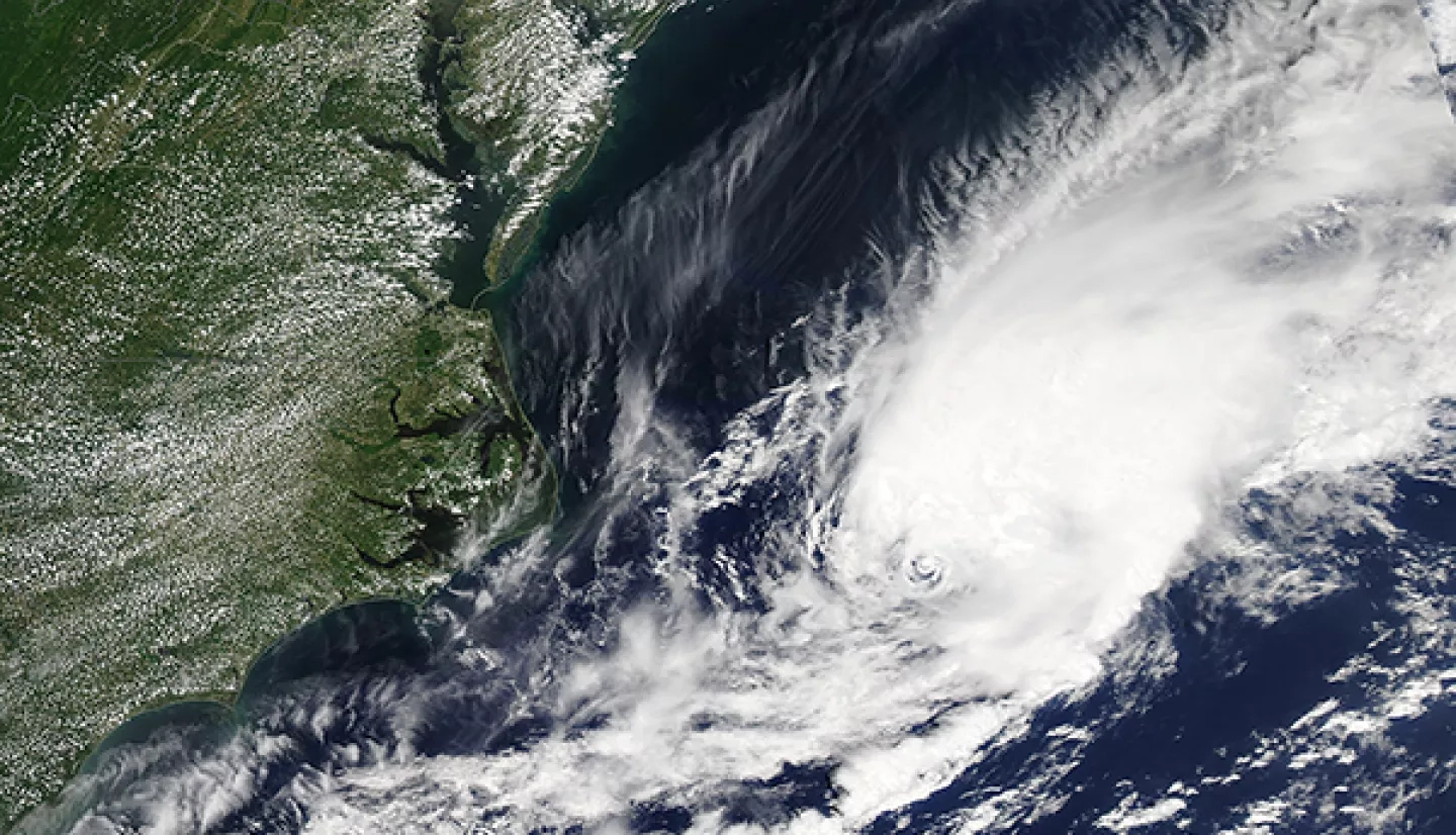 satellite image of tropical storm off U.S. coast