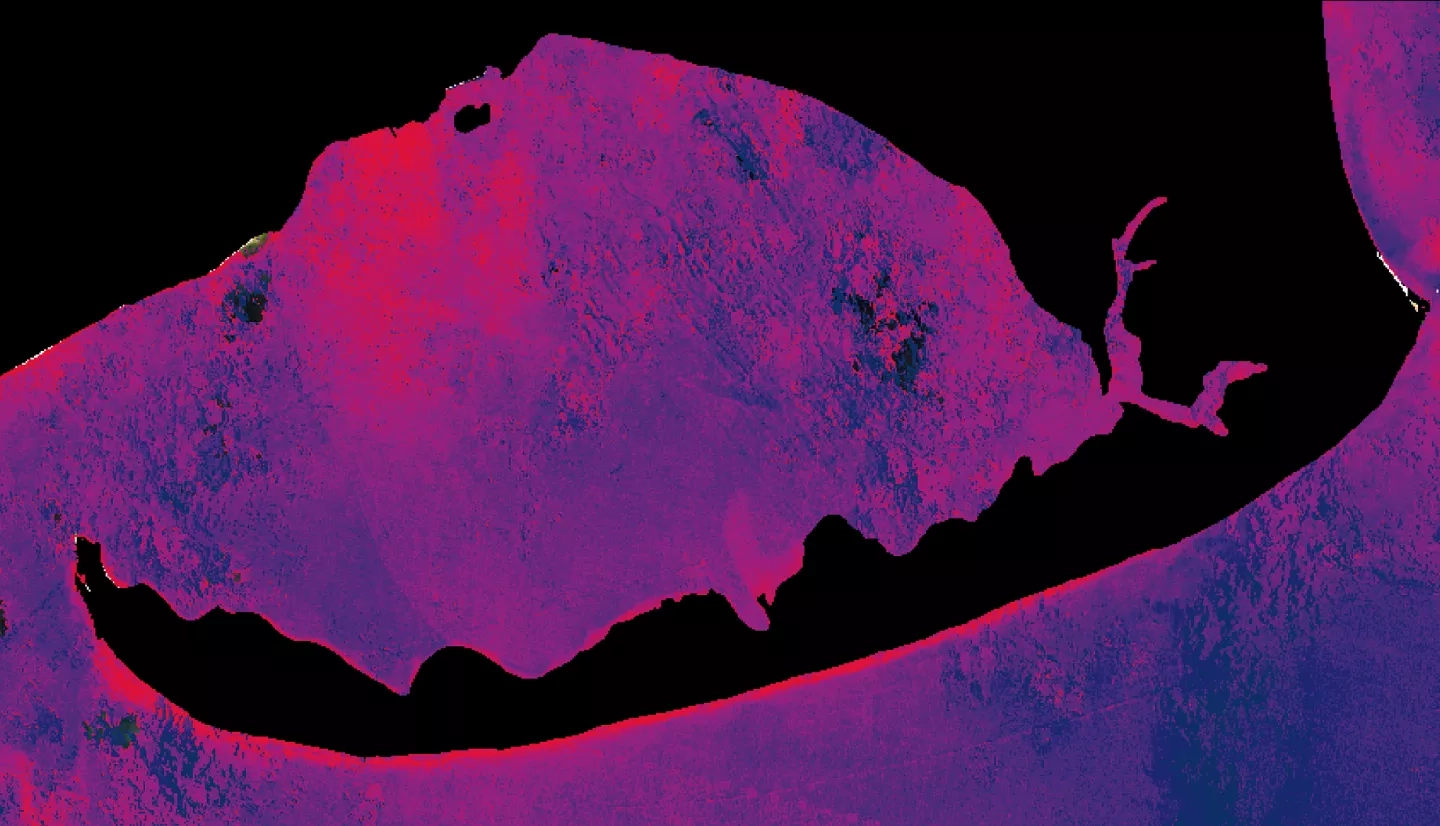 NDTI-processed imagery using 1999-2021 Landsat 7 ETM+ and Landsat 8 OLI data, processed with SHARQ and ORCAA. Displayed is an East-oriented view of St. Joseph Peninsula off the Florida panhandle. Brighter shades of pink indicate greater change in turbidity levels post-Hurricane Michael, while shades of purple represent lower turbidity change. This increase in sediment post-hurricane indicates disturbed aquatic vegetation due to extreme storm events.