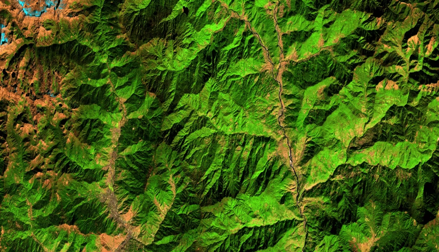 False-color imagery from Landsat 8 surface reflectance. The 2021 median composite image depicts the landscape and vegetation sites in western Bhutan regions, specifically Punakha, Wangdue Phodrang, Thimphu, and Paro. The band combination highlights fallow agriculture fields in light brown, dense urban areas in purple, forest cover in green, snow in light blue, and rocky areas in darker brown.