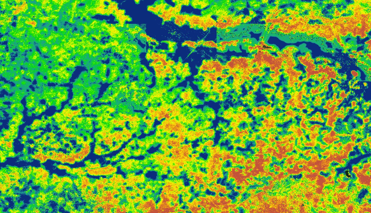 We created an averaged seasonal Evaporative Stress Index (ESI) composite for fall 2020 in the west Tennessee region utilizing NASA’s ECOSTRESS sensor onboard the International Space Station. The ESI reveals areas where vegetation is stressed due to lack of water. Dark blue regions represent areas where vegetation is thriving, compared to the yellow areas, where vegetation is experiencing some water stress.​​