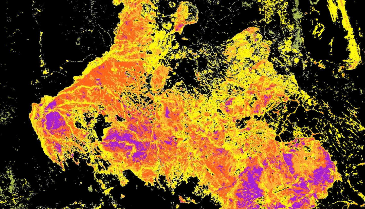 Normalized burn ratio calculated from Landsat 8 imagery both preceding and following the Bootleg Wildfire in the Beatty, Oregon area. The fire burned from July 6th to August 15th during the Summer of 2021 and its footprint shows varying levels of burn severity. Dark purple areas indicate highest severity, shades of red and orange indicate moderate severity, and yellow areas indicate low burn severity. Black areas depict unburned areas.