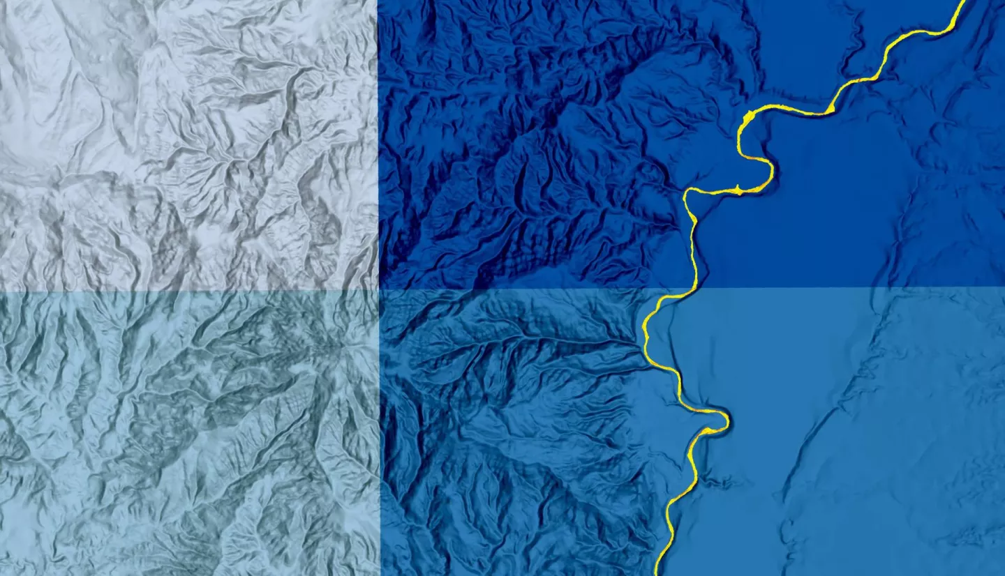 NDTI-processed river imagery from 2021 PlanetScope data with GPM IMERG data shown in blue. The Shoshone River in northwestern Wyoming is shown with red values indicating lower turbidity and yellow values representing higher turbidity. Lighter blue values indicate higher monthly mean IMERG precipitation values for 2021. NDTI values and precipitation averages help watershed managers understand where and when excess sediment enters the river.​