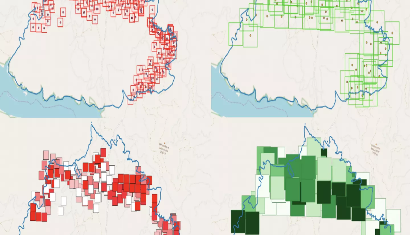 four images showing different satellite data collections of same fire