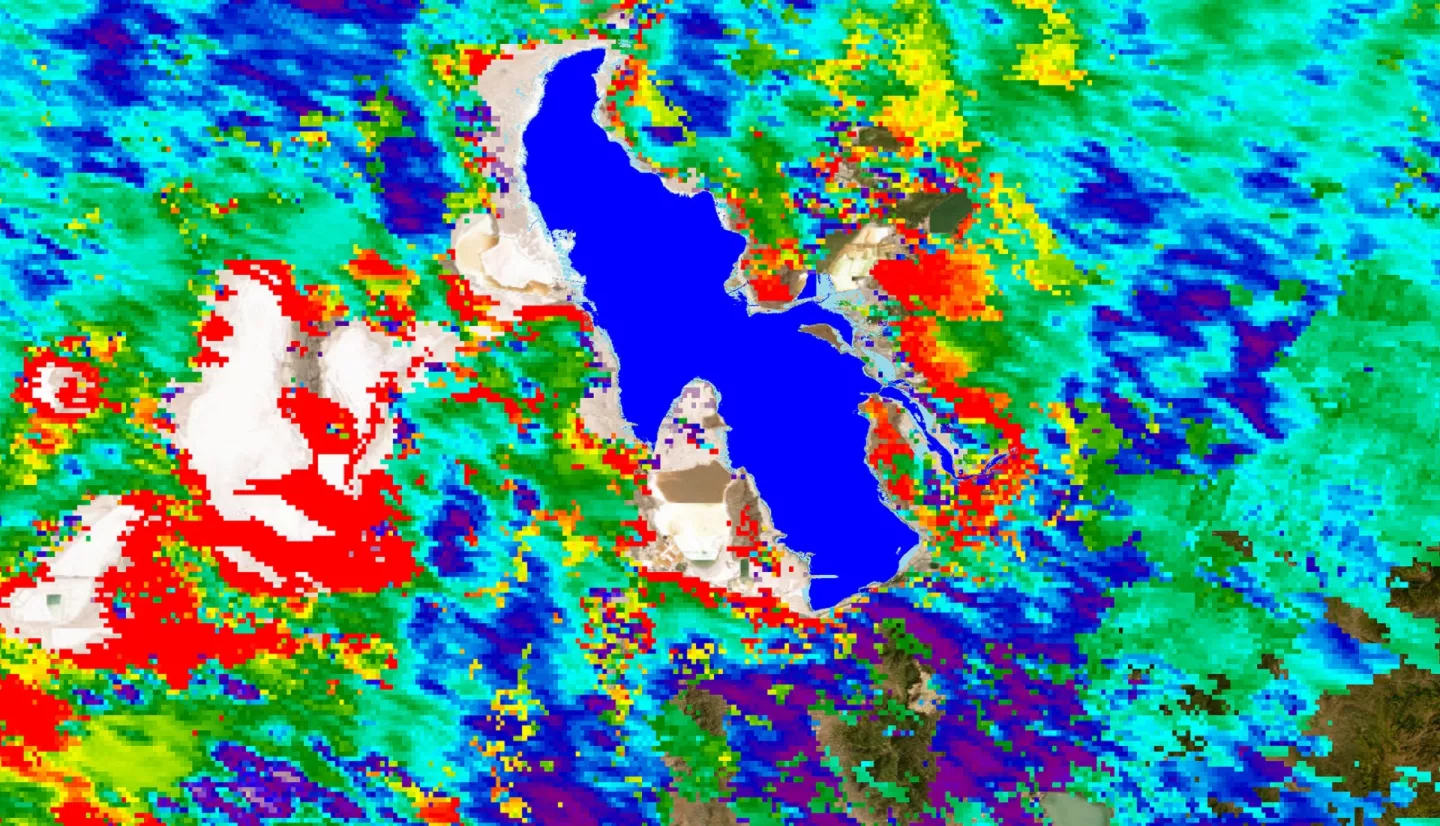 Aerosol Optical Depth for a dust event on July 26th-27th, 2021, calculated with the MAIAC algorithm from Terra and Aqua MODIS satellite data. Great Salt Lake surface area, in blue, was derived from JRC Yearly Water Classification History and processed imagery from Landsat 5, 7, and 8. The map depicts regions that are most impacted by dust surrounding the Great Salt Lake. Red and Yellow represent high dust levels within Northern Utah. 