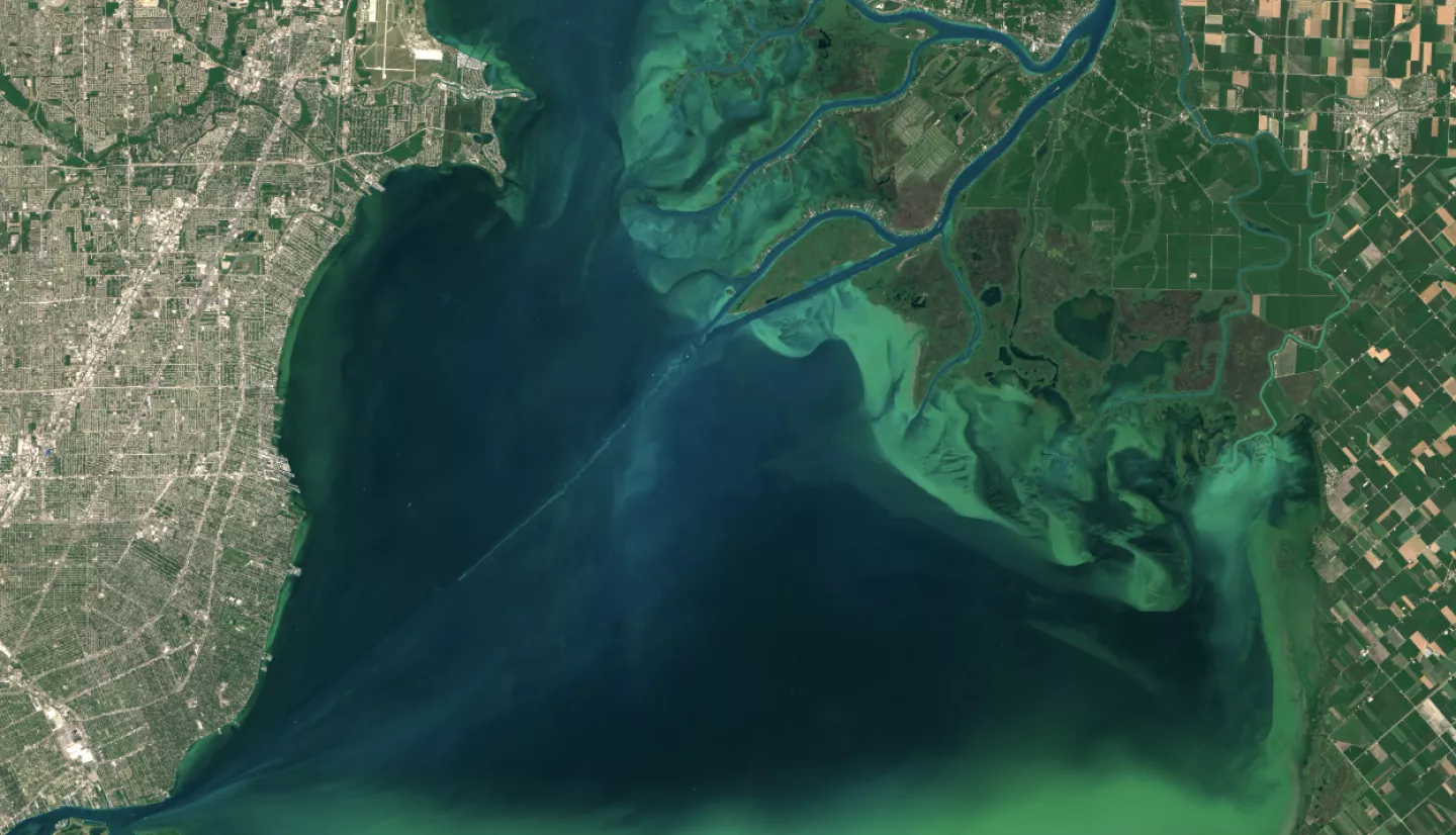 full-color satellite view of light blue algae bloom in the deep blue of Lake Erie