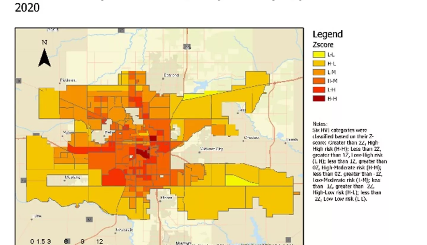 Map displaying Oklahoma City Heat Vulnerability Index in 2020.