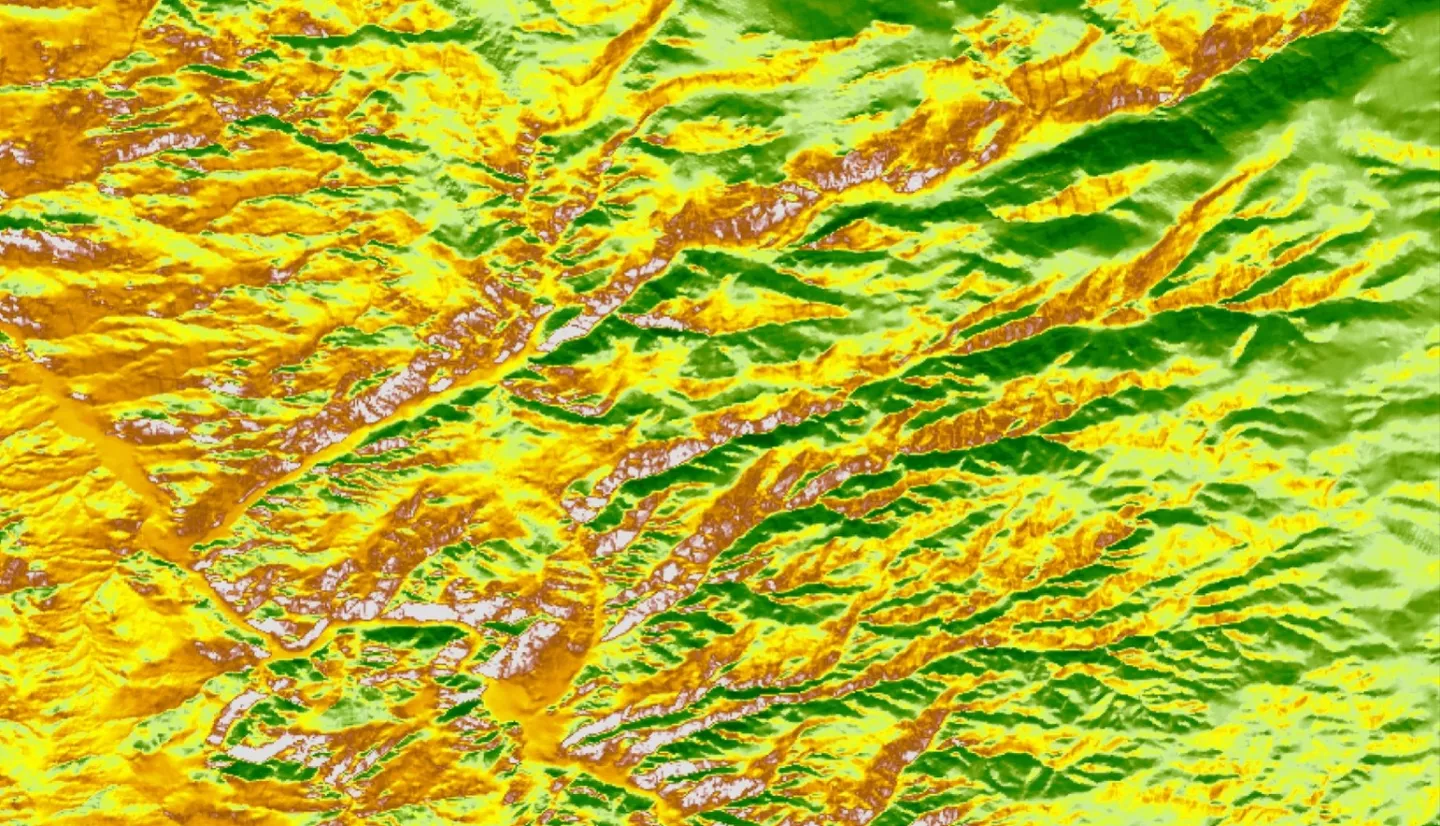 Predicted cheatgrass green-up imagery from Landsat 8 OLI data. This composite image of the western portion of the Mullen Fire Study Area is from June 2022. Shades of green and yellow indicate an earlier green-up time, while orange, brown, and white areas show later predicted green-up times. This data was used to create NDVI difference maps which will help managers predict when and where to apply treatments to limit the spread of cheatgrass.