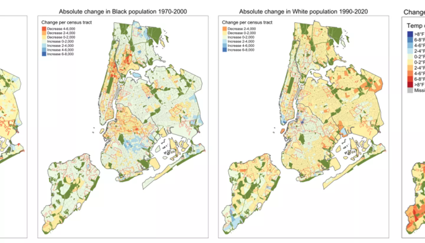 This image presents changes in racial, income and land surface temperatures across HOLC redlined neighborhoods (thin red outlined areas) in New York City from 1990 to 2020.