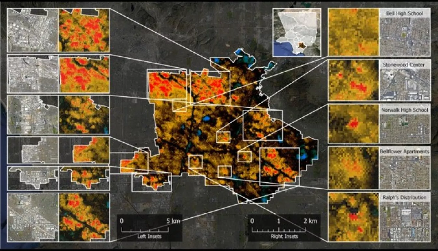 Map showing southeast Los Angeles urban heat exposure around community locations identified by Research Leadership Academy participants.