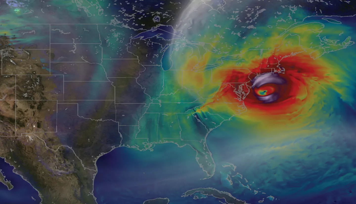 Satellite image of a hurricane from space with the NASA Disasters logo on top of it.  