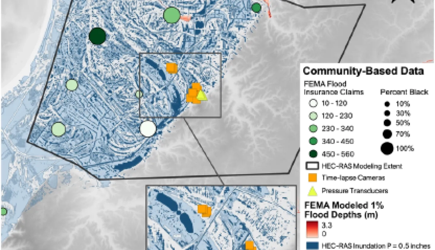 Map of Centreville, IL, and surrounding communities of the American Bottom. Circle area reflects the percent of Black residents in each community. Circle color indicates the number of FEMA flood insurance claims by community. FEMA 100-year flood modeled inundation depths overlain in red, FEMA-reported topographic wetted index reported in light blue. Preliminary HEC-RAS model results, calibrated using community-based monitoring (orange squares for cameras, yellow triangles for pressure transducers) for a 0.5