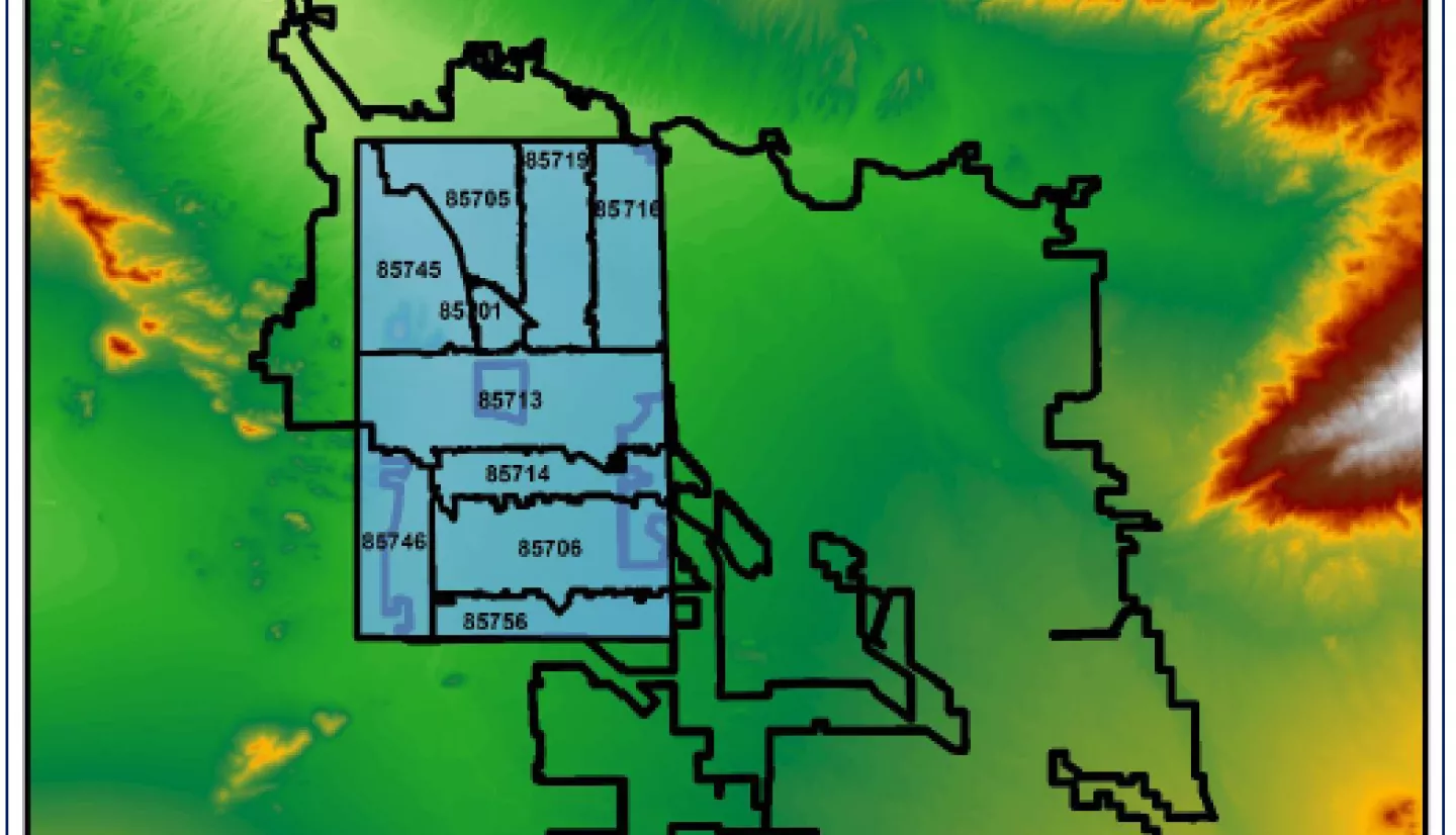 Study area and percent poverty by census tract. The zip code and Tucson boundary are from Pima County GIS.