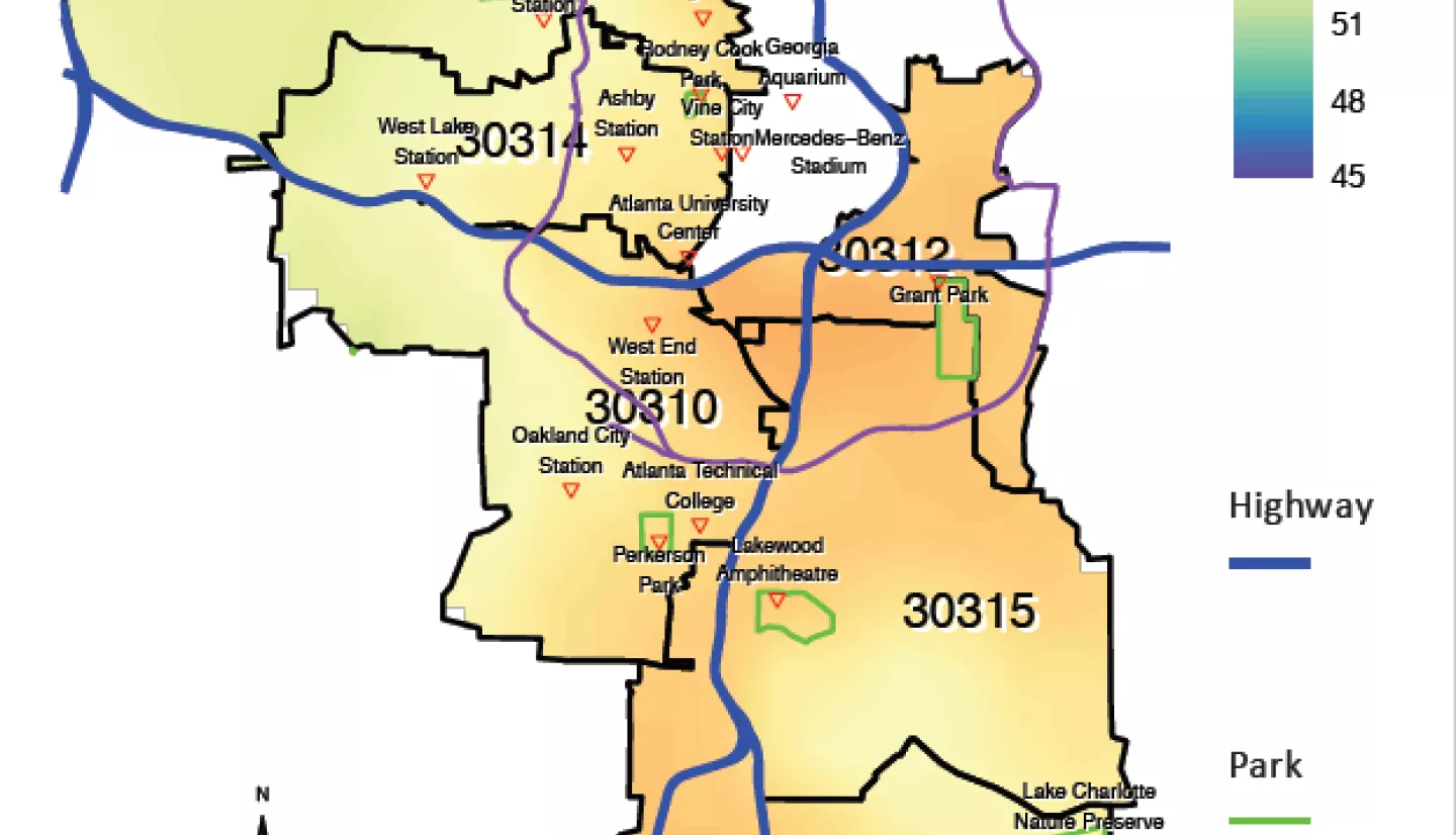 This example map from Hang’s project indicates MODIS land surface temperature over selected underserved communities in Atlanta in early 2005. This map was co-designed by residents from those communities that are concerned about the seasonal change of extreme weather, air pollution, accessibility to green space such as parks and Atlanta BeltLine. (Credits: Ethan Li and Yun Hang, Emory University)