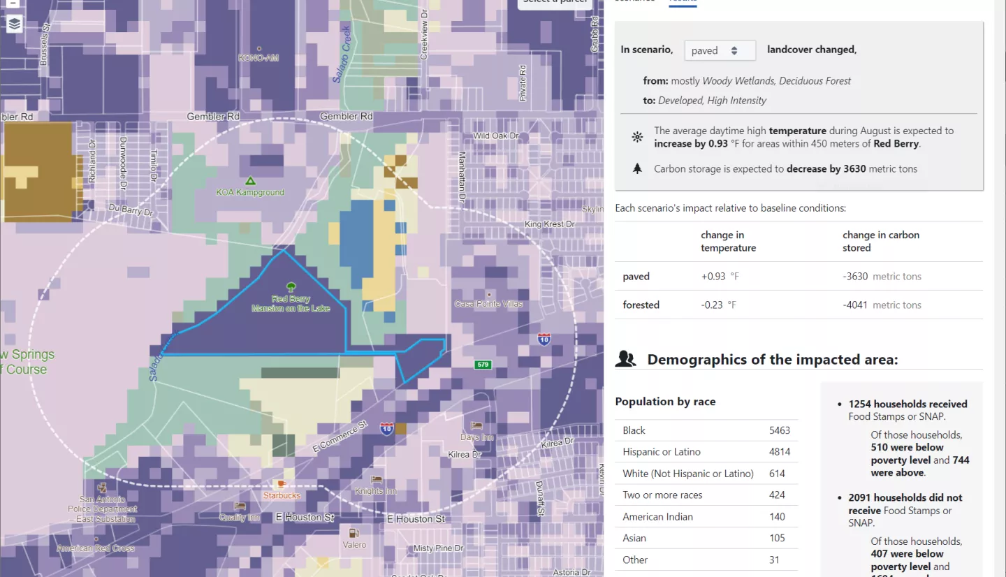 A web application where users can generate scenarios (e.g. select parcels on a map and assign new land use patterns to those areas) and visualize scenarios’ impacts on ecosystem services and patterns of environmental inequity(e.g.  the changes in temperature and carbon storage, and demographics of the impacted area)