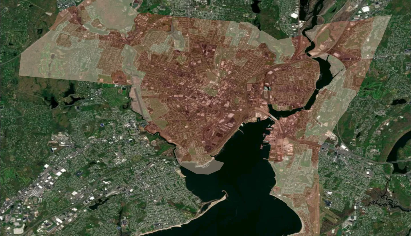 Aerial imagery of New Haven, Connecticut with the average land surface temperature (LST) for 2022 overlaid on top of the image. Areas of higher average temperature are shown in dark red, and areas of comparatively lower average temperature are shown in light pink. In this project, LST analysis is combined with an analysis of vegetative cover and socioeconomic characteristics to identify the neighborhoods most at-risk from heat-related impacts to prioritize for tree planting initiatives.